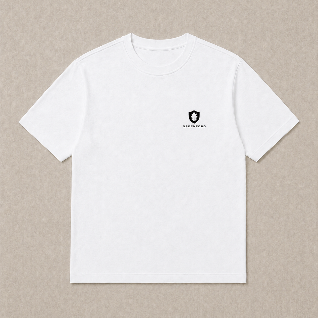 Front of a white Oakenford T-shirt with small logo