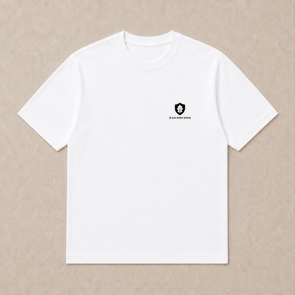 Front of a white Oakenford T-shirt with small logo