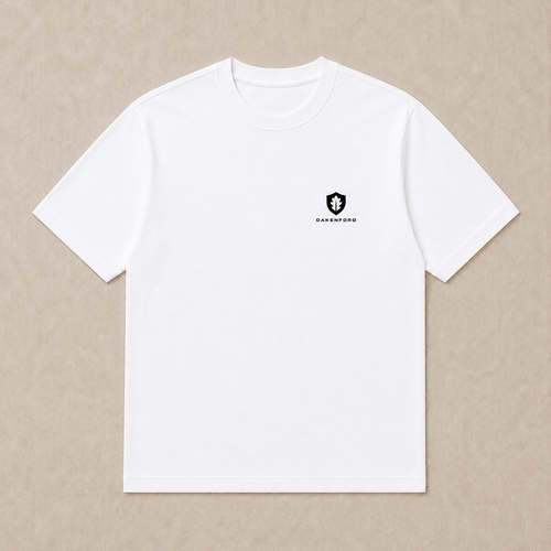 Front of a white Oakenford T-shirt with small logo