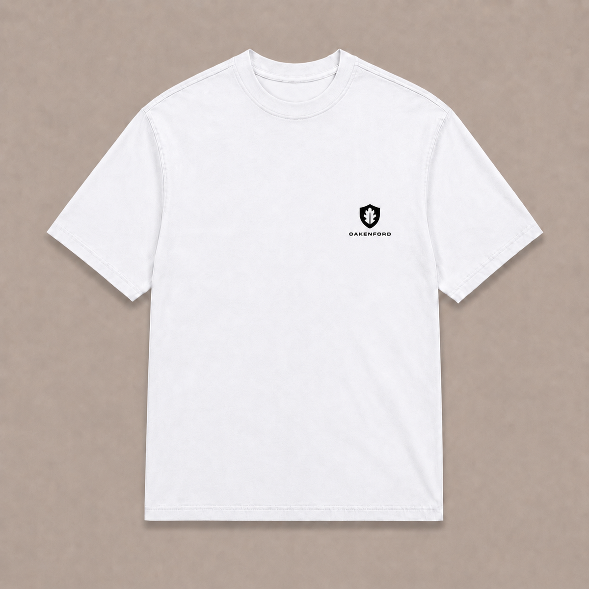 Front of a white Oakenford T-shirt with small logo