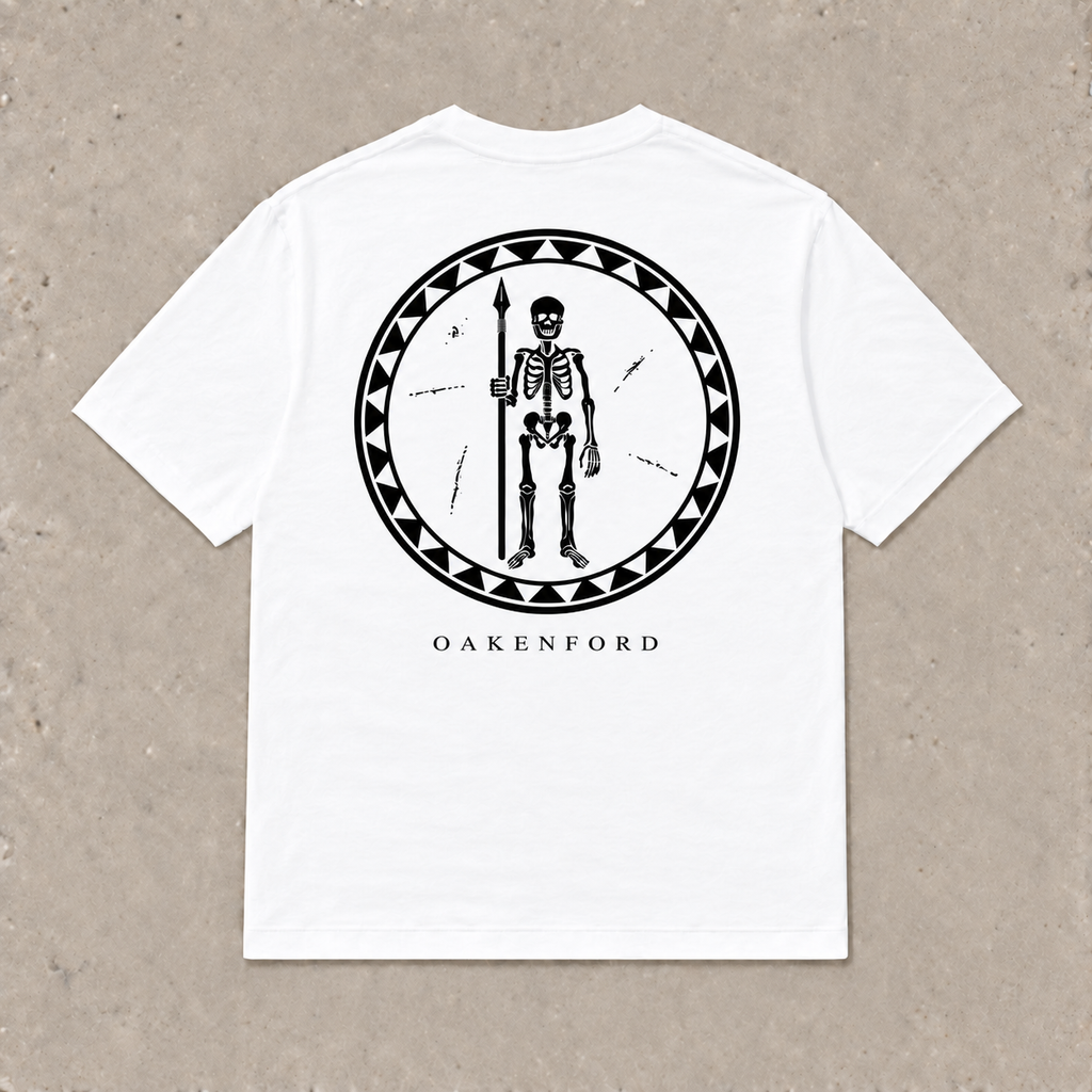 Back of white Skeleton Shield graphic T-shirt by Oakenford