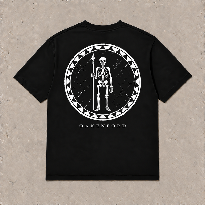 Back of black Skeleton Shield graphic T-shirt by Oakenford