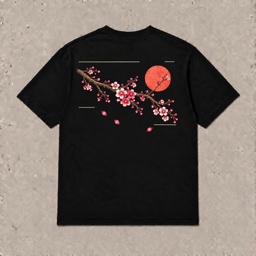 Back of black Cherry Drift graphic T-shirt by Oakenford