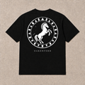 Back of black Horse Shield graphic T-shirt by Oakenford