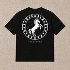 Back of black Horse Shield graphic T-shirt by Oakenford