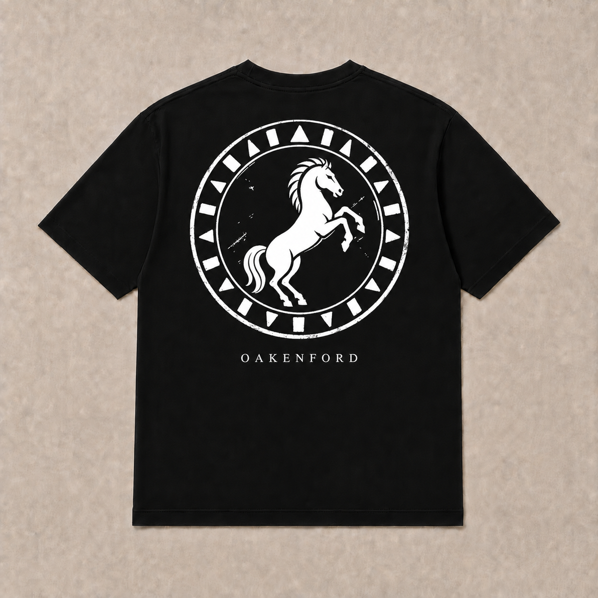 Back of black Horse Shield graphic T-shirt by Oakenford