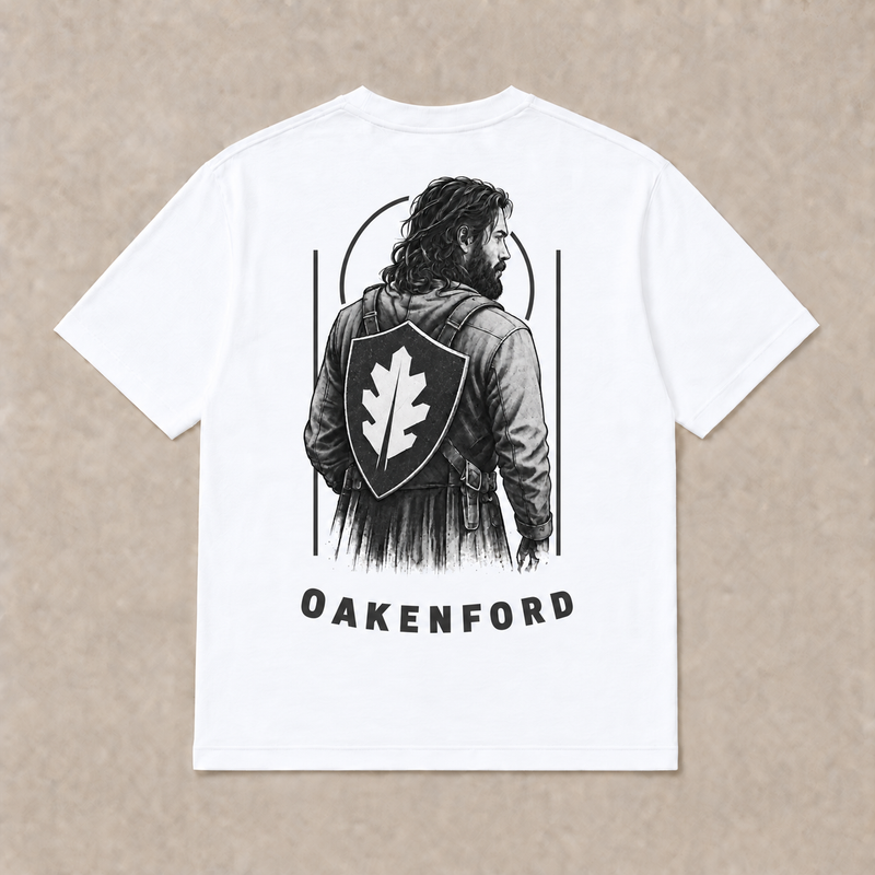Back of white Shield Bearer graphic T-shirt by Oakenford