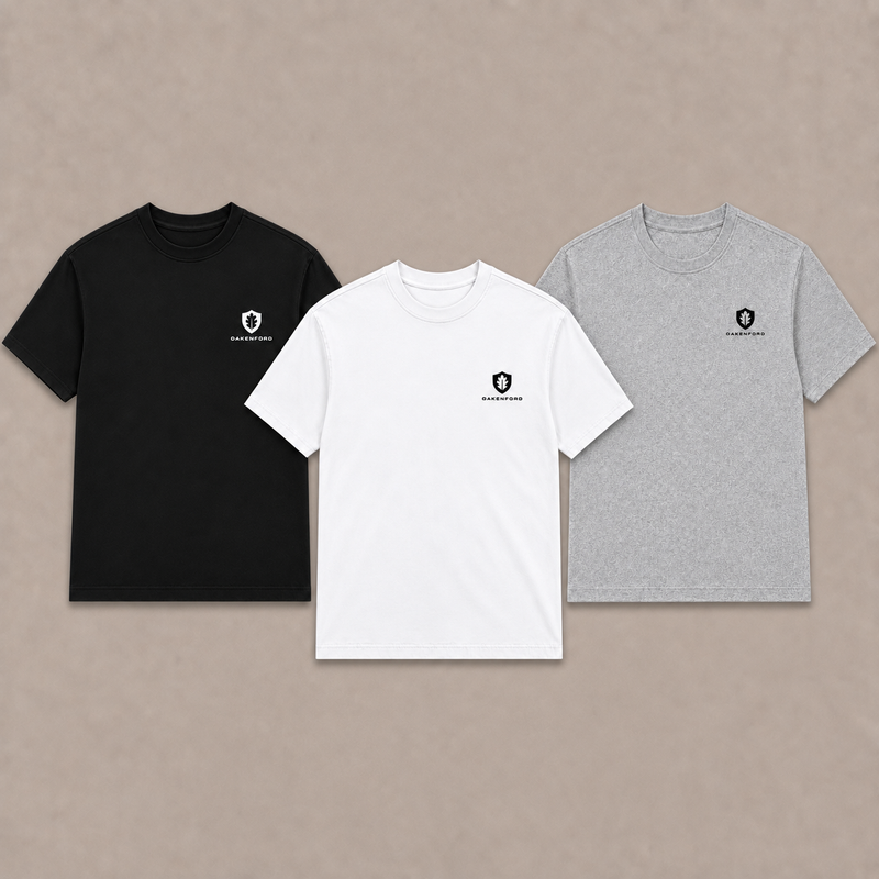 Oakenford Essentials logo T-shirts in black, white and heather grey