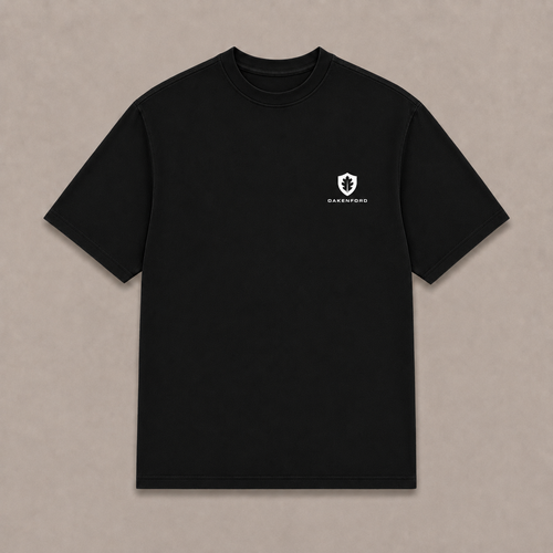Front of a black Oakenford T-shirt with small logo