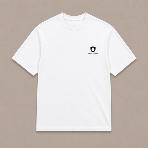 Front of a white Oakenford T-shirt with small logo