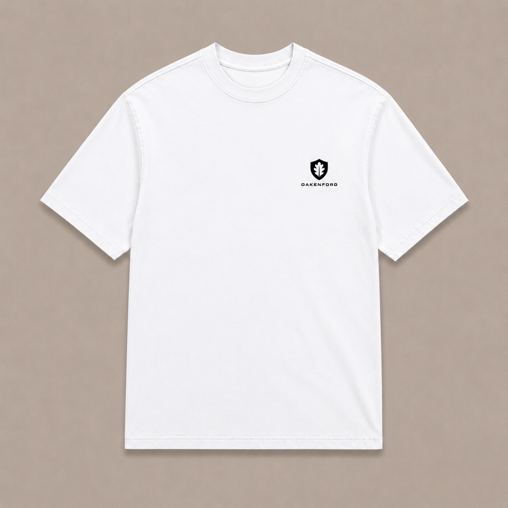 Front of a white Oakenford T-shirt with small logo