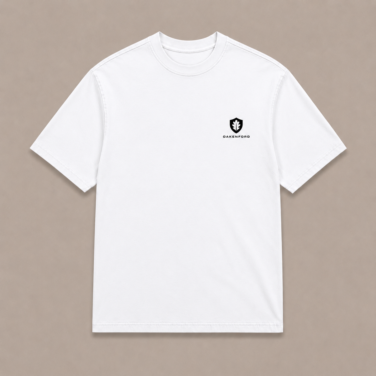 Front of a white Oakenford T-shirt with small logo