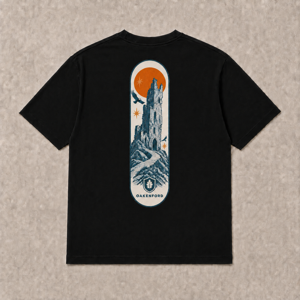 Back of black Fallen Tower graphic T-shirt by Oakenford