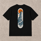 Back of black Fallen Tower graphic T-shirt by Oakenford