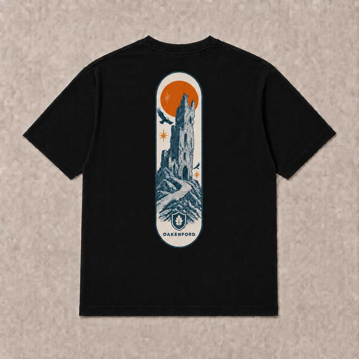 Back of black Fallen Tower graphic T-shirt by Oakenford