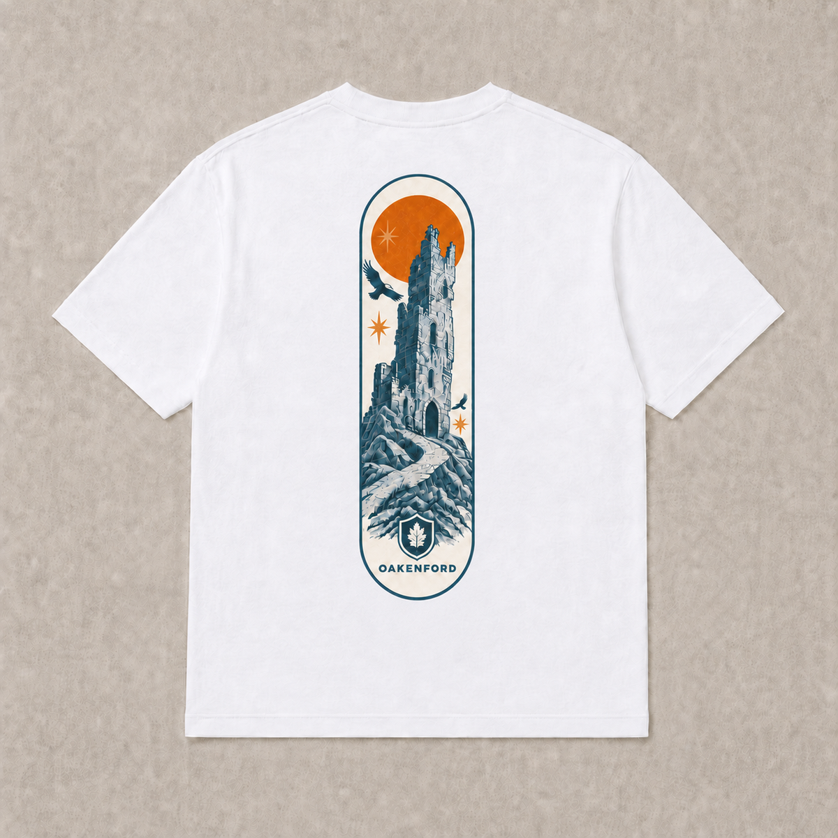 Back of white Fallen Tower graphic T-shirt by Oakenford