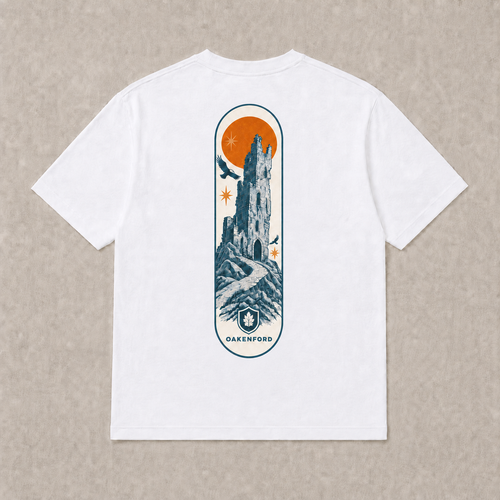 Back of white Fallen Tower graphic T-shirt by Oakenford