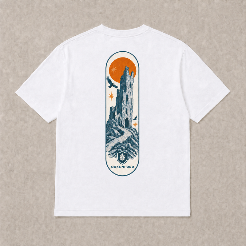 Back of white Fallen Tower graphic T-shirt by Oakenford