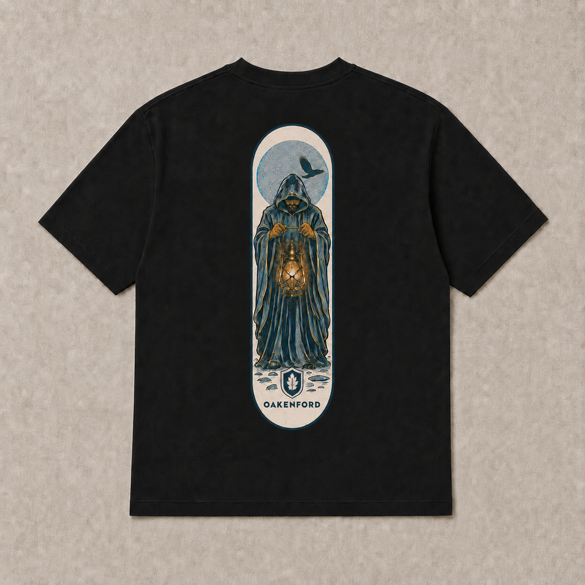 Back of black Lantern Keeper graphic T-shirt by Oakenford