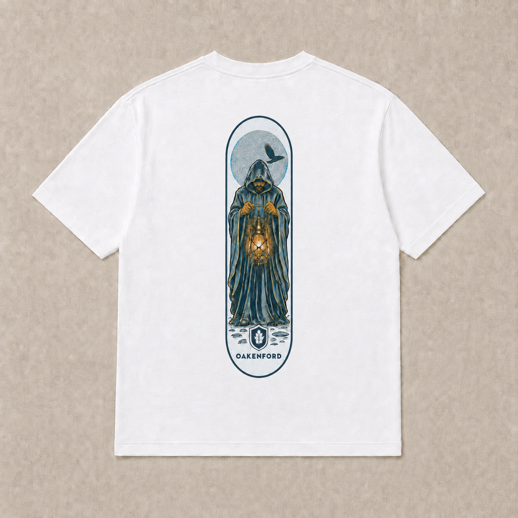 Back of white Lantern Keeper graphic T-shirt by Oakenford
