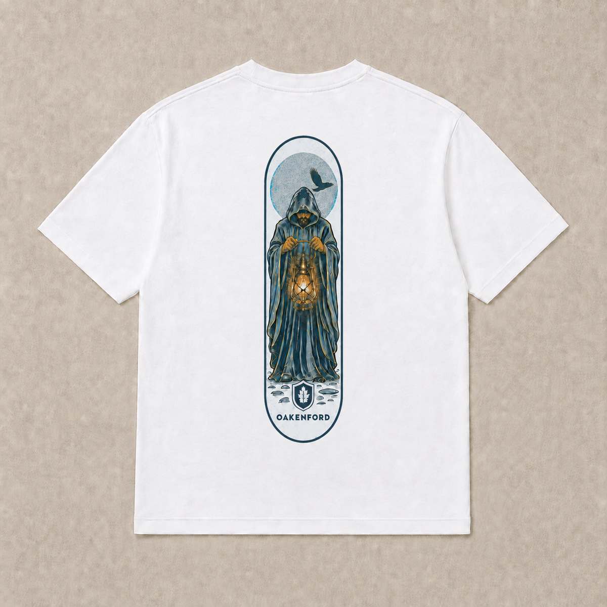 Back of white Lantern Keeper graphic T-shirt by Oakenford