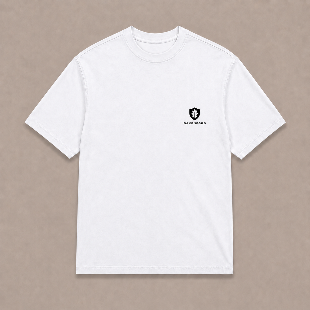 Front of a white Oakenford T-shirt with small logo