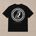 Back of black Owl Shield graphic T-shirt by Oakenford