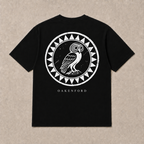 Back of black Owl Shield graphic T-shirt by Oakenford