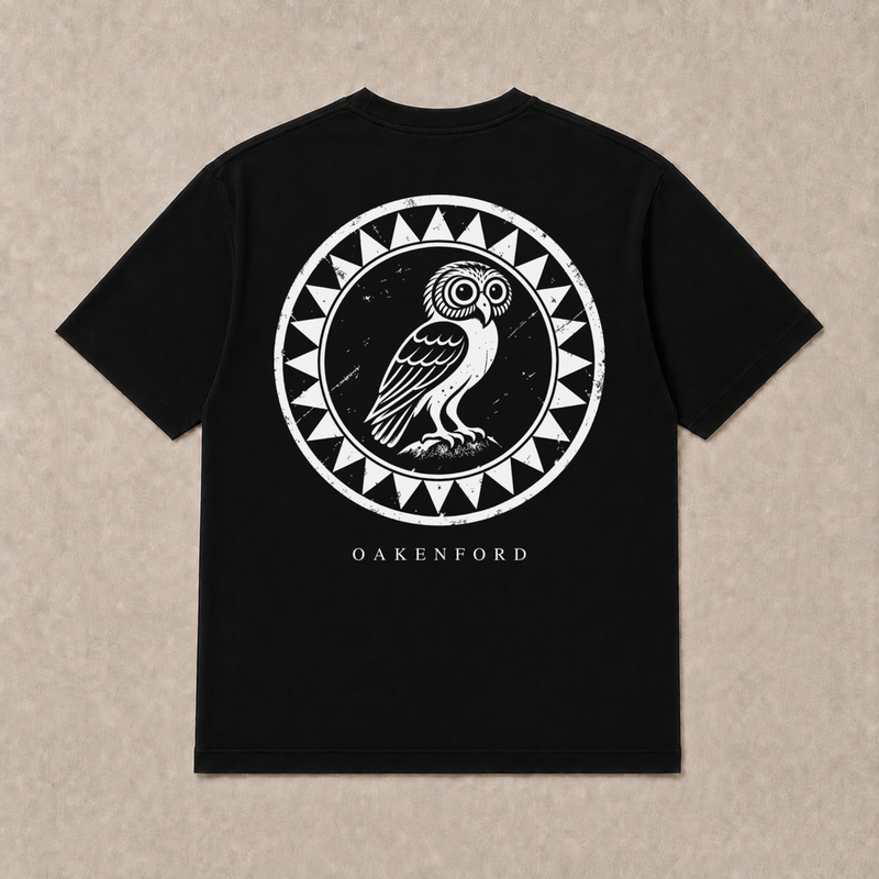 Back of black Owl Shield graphic T-shirt by Oakenford