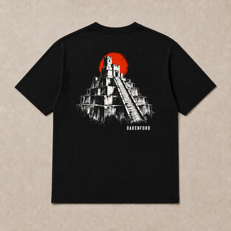 Back of black Pyramid graphic T-shirt by Oakenford