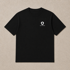 Front of a black Oakenford T-shirt with small logo