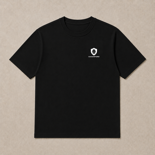 Front of a black Oakenford T-shirt with small logo