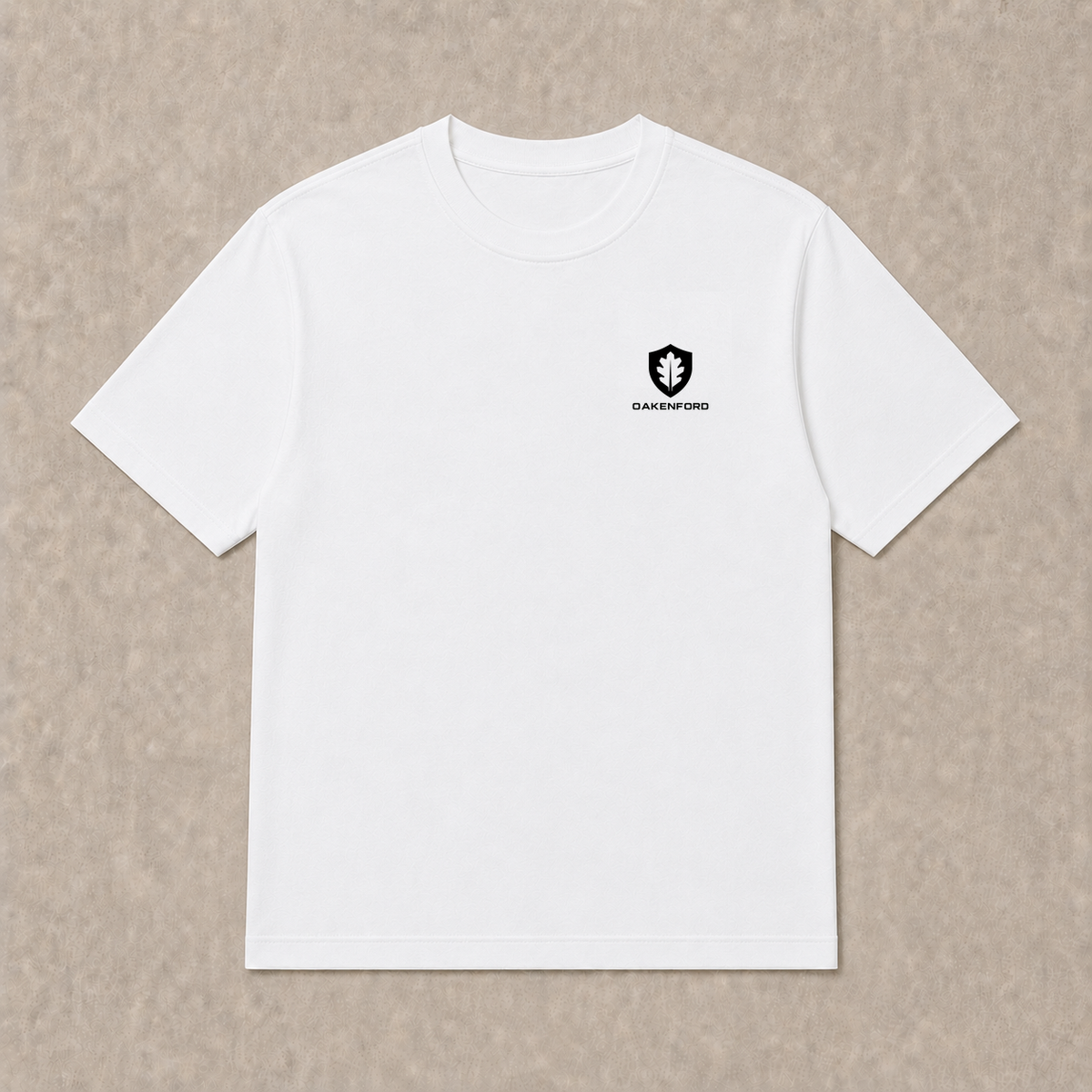 Front of a white Oakenford T-shirt with small logo