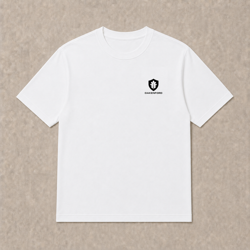 Front of a white Oakenford T-shirt with small logo