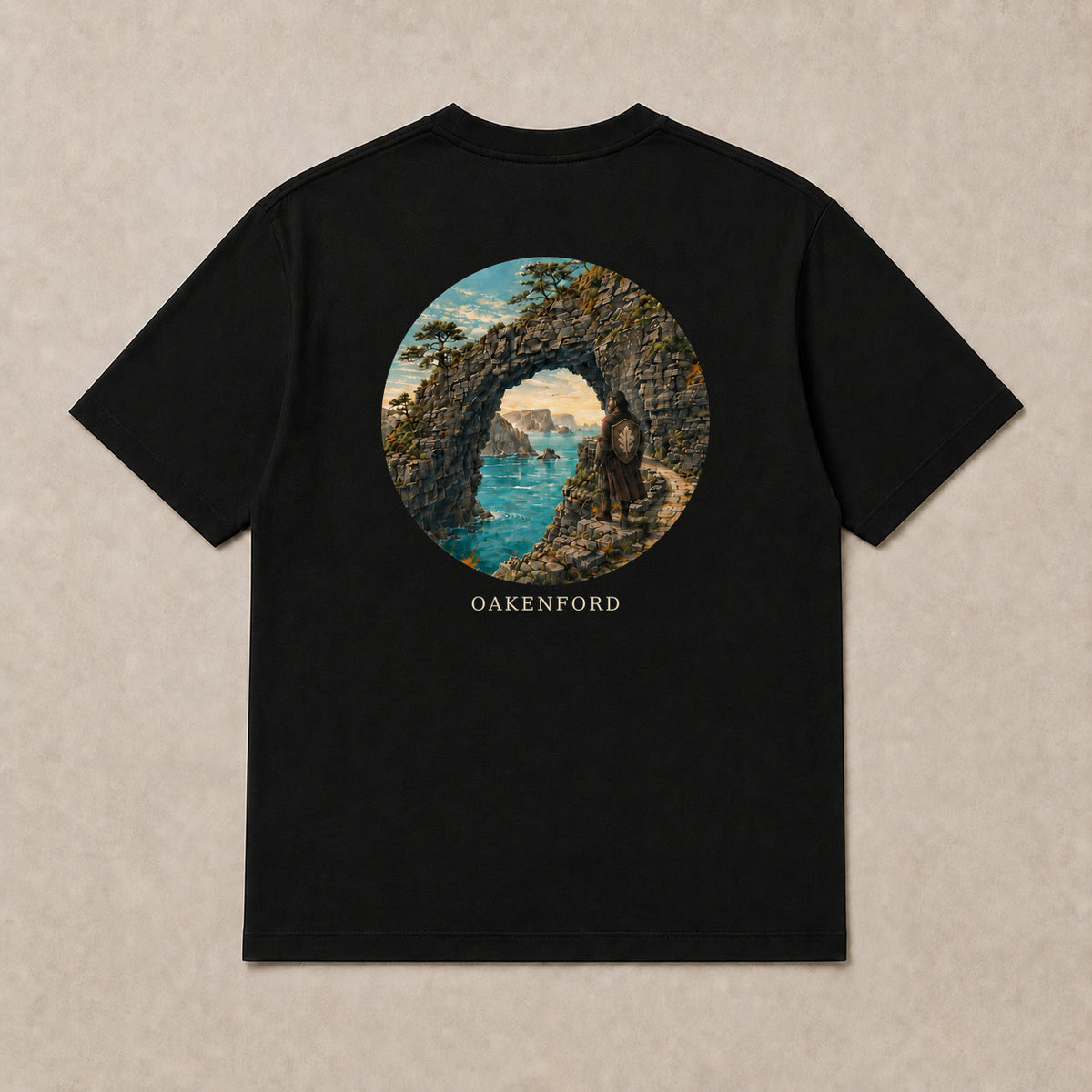Back of black Stone Current graphic T-shirt by Oakenford