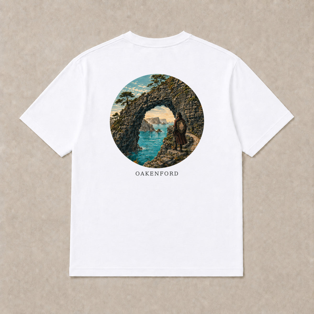 Back of white Stone Current graphic T-shirt by Oakenford