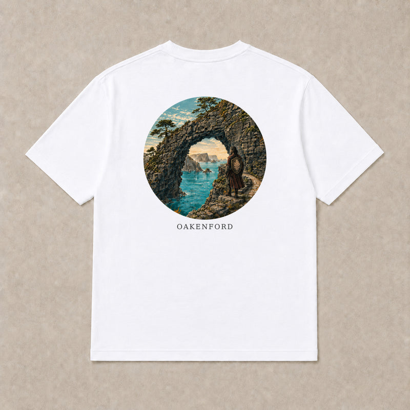 Back of white Stone Current graphic T-shirt by Oakenford