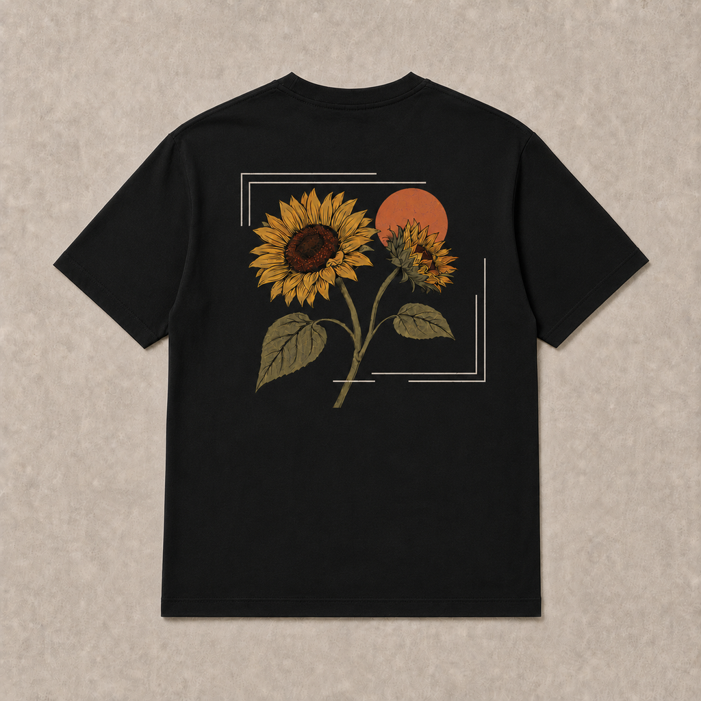 Back of black Sunflower graphic T-shirt by Oakenford