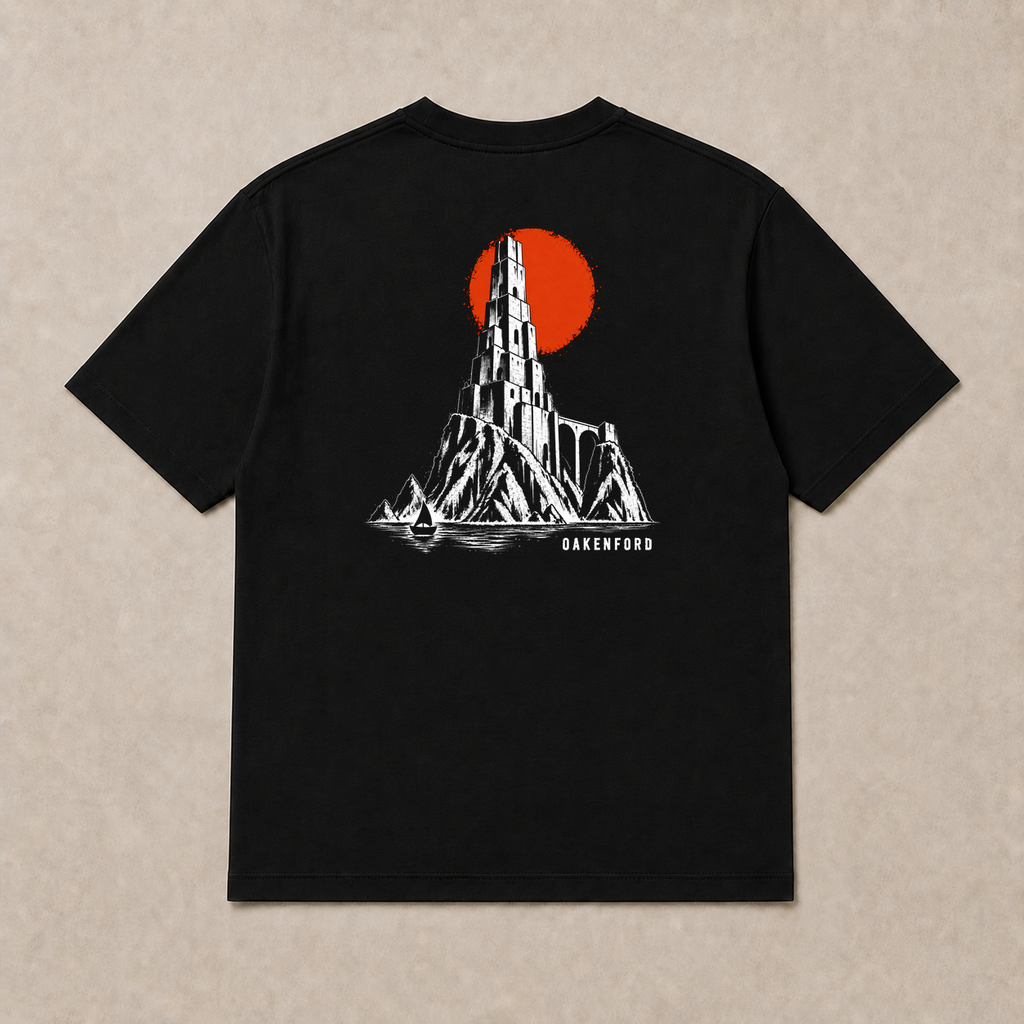 Back of black The Sea Spire graphic T-shirt by Oakenford