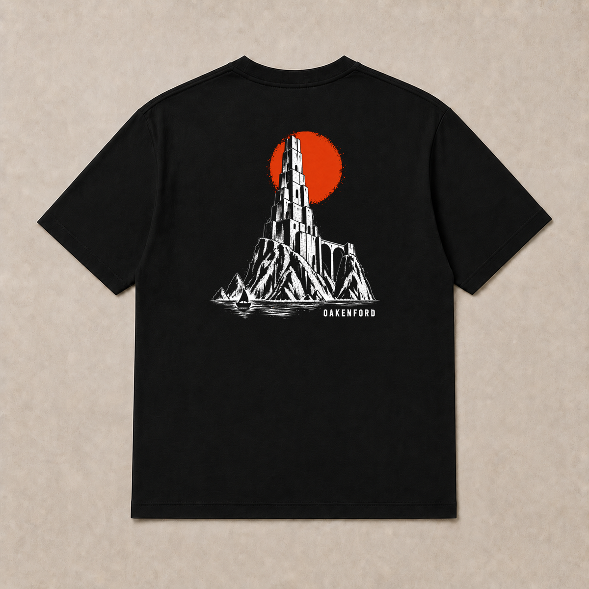 Back of black The Sea Spire graphic T-shirt by Oakenford