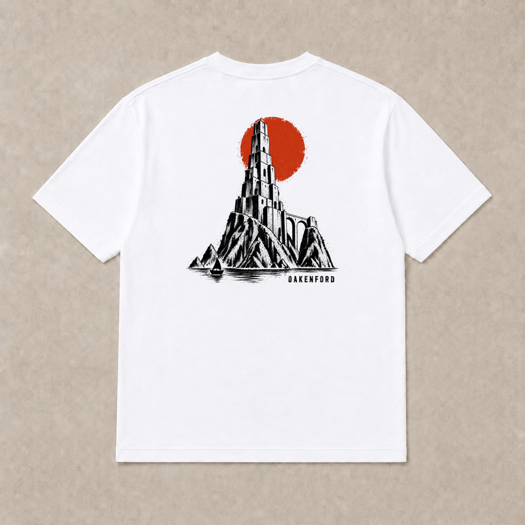 Back of white The Sea Spire graphic T-shirt by Oakenford