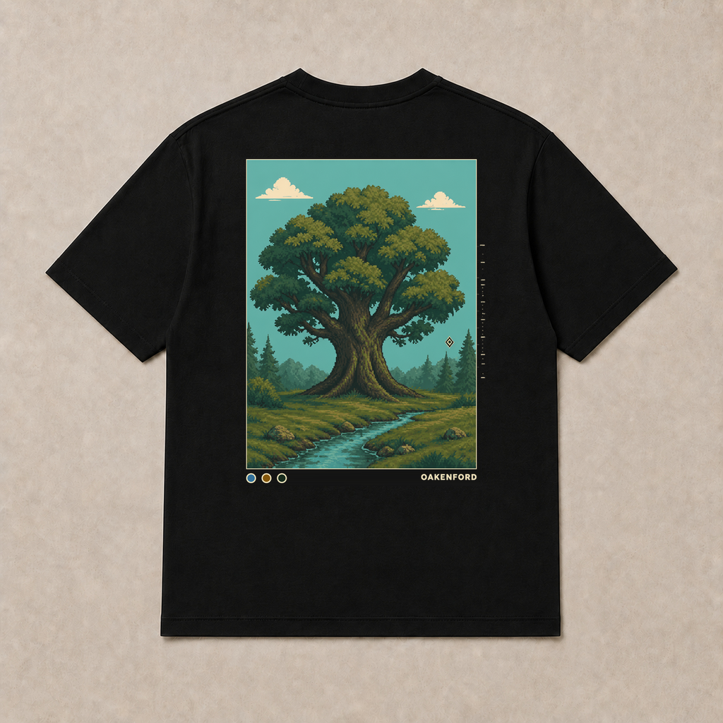 Back of black Oakwater graphic T-shirt by Oakenford