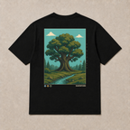 Back of black Oakwater graphic T-shirt by Oakenford