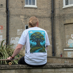 Model wearing the Oakwater Oakenford graphic T-shirt