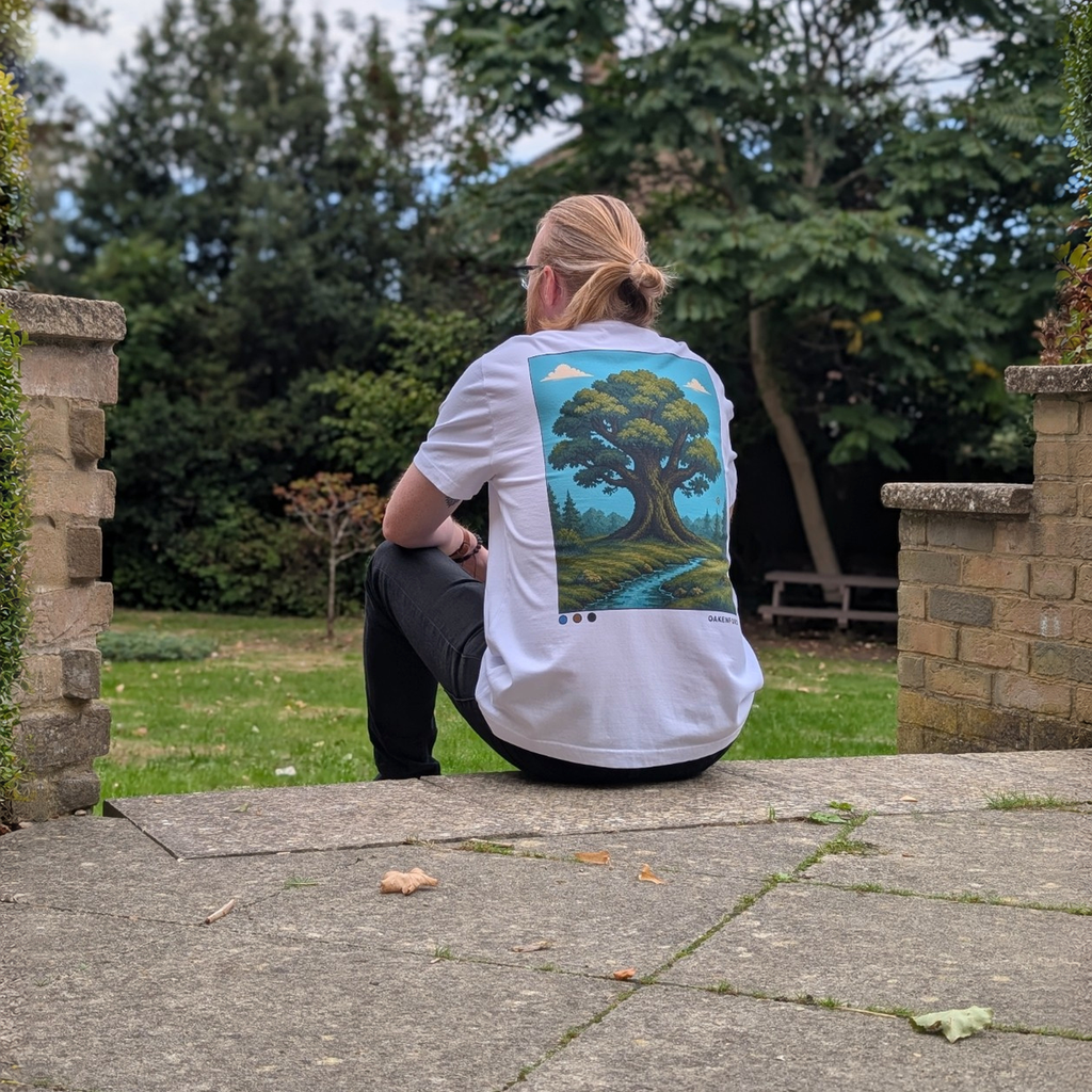 Model wearing the Oakwater Oakenford graphic T-shirt