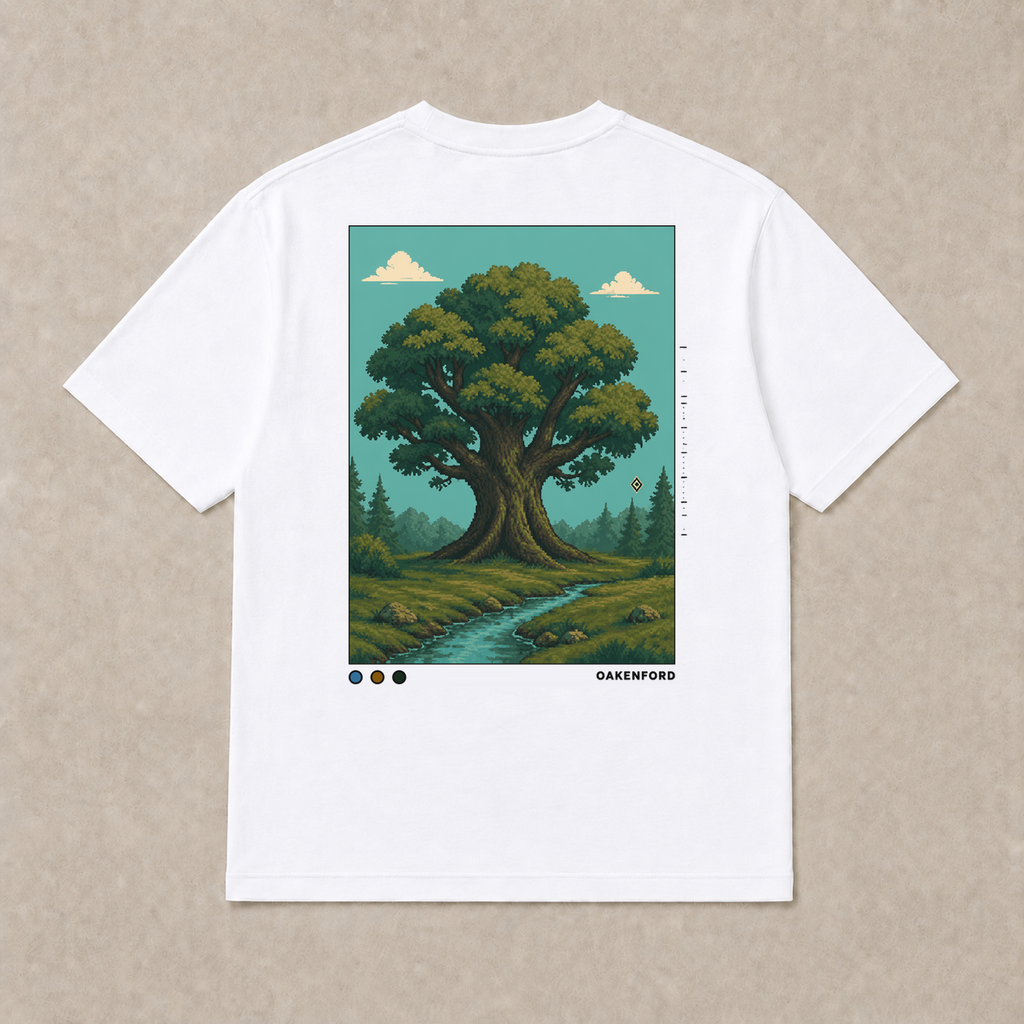 Back of white Oakwater graphic T-shirt by Oakenford