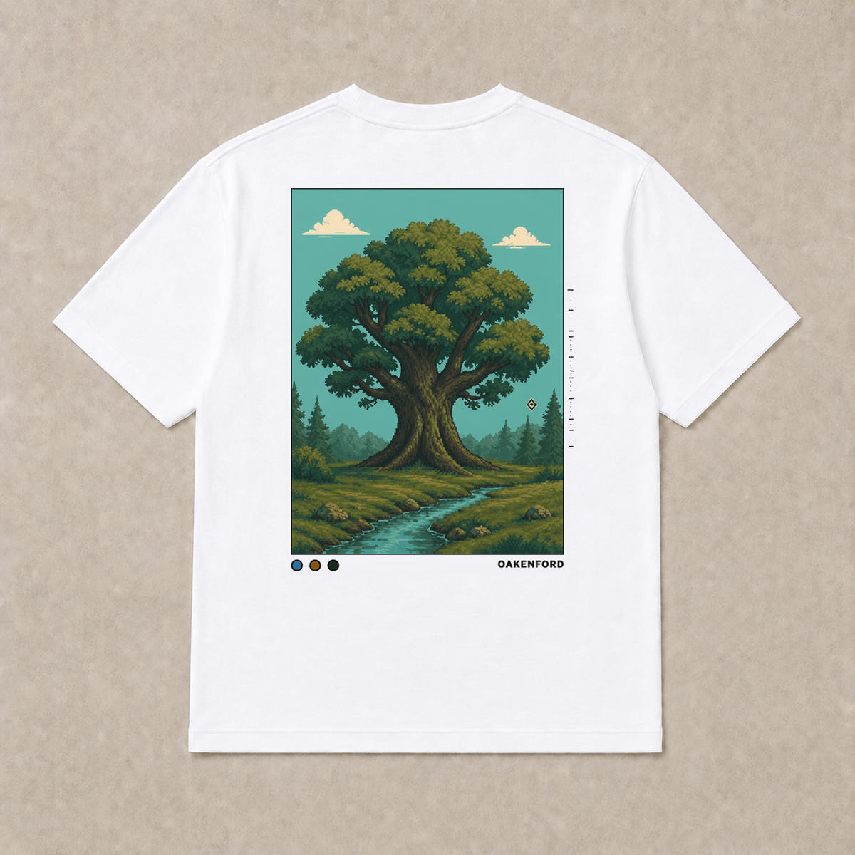 Back of white Oakwater graphic T-shirt by Oakenford