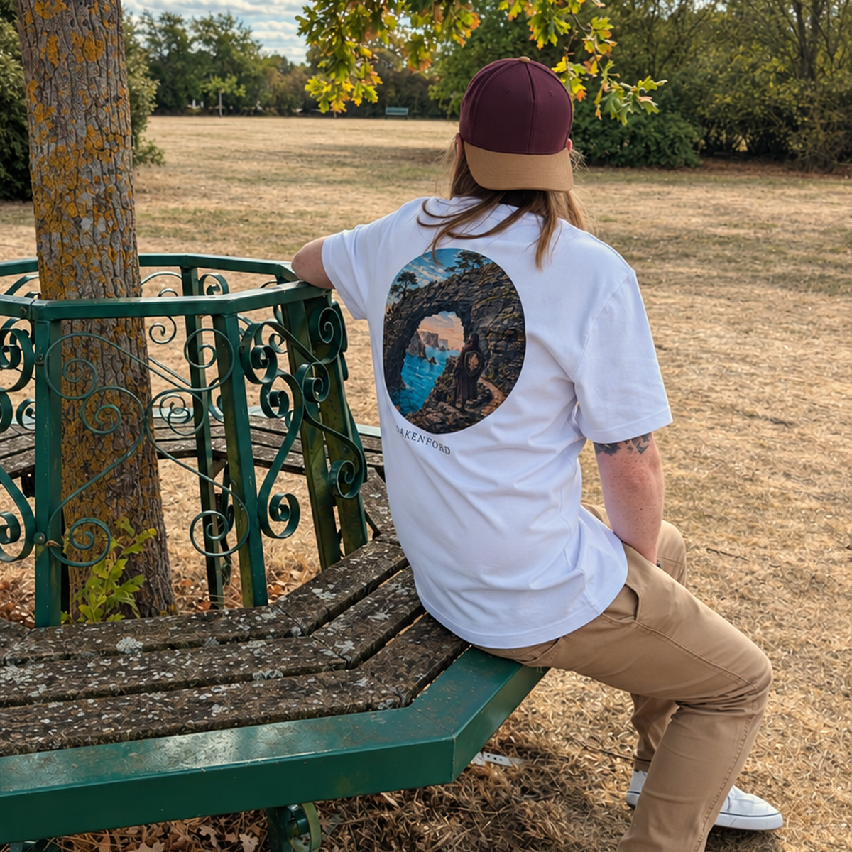 Model wearing Stone Current Oakenford graphic T-shirt