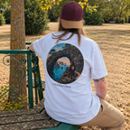 Model wearing Stone Current Oakenford graphic T-shirt