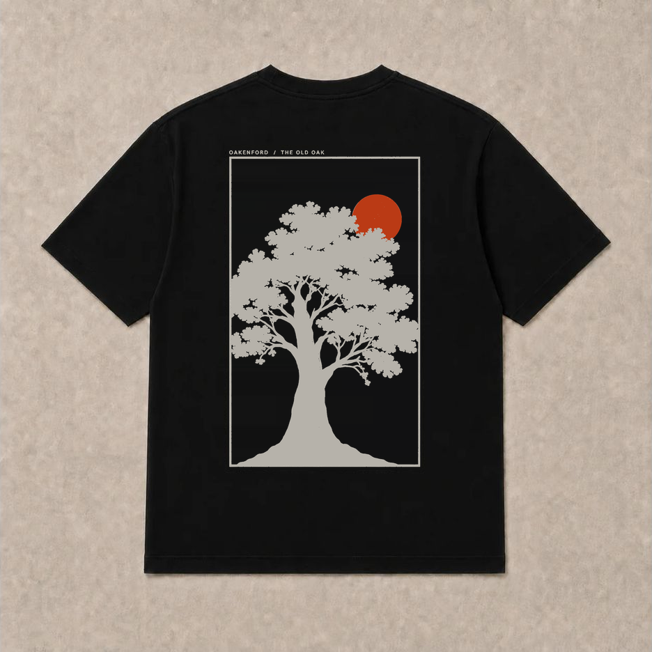 Back of black The Old Oak graphic T-shirt by Oakenford